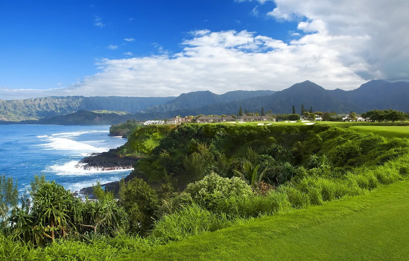 Photo wallpaper house, trees, sea, island