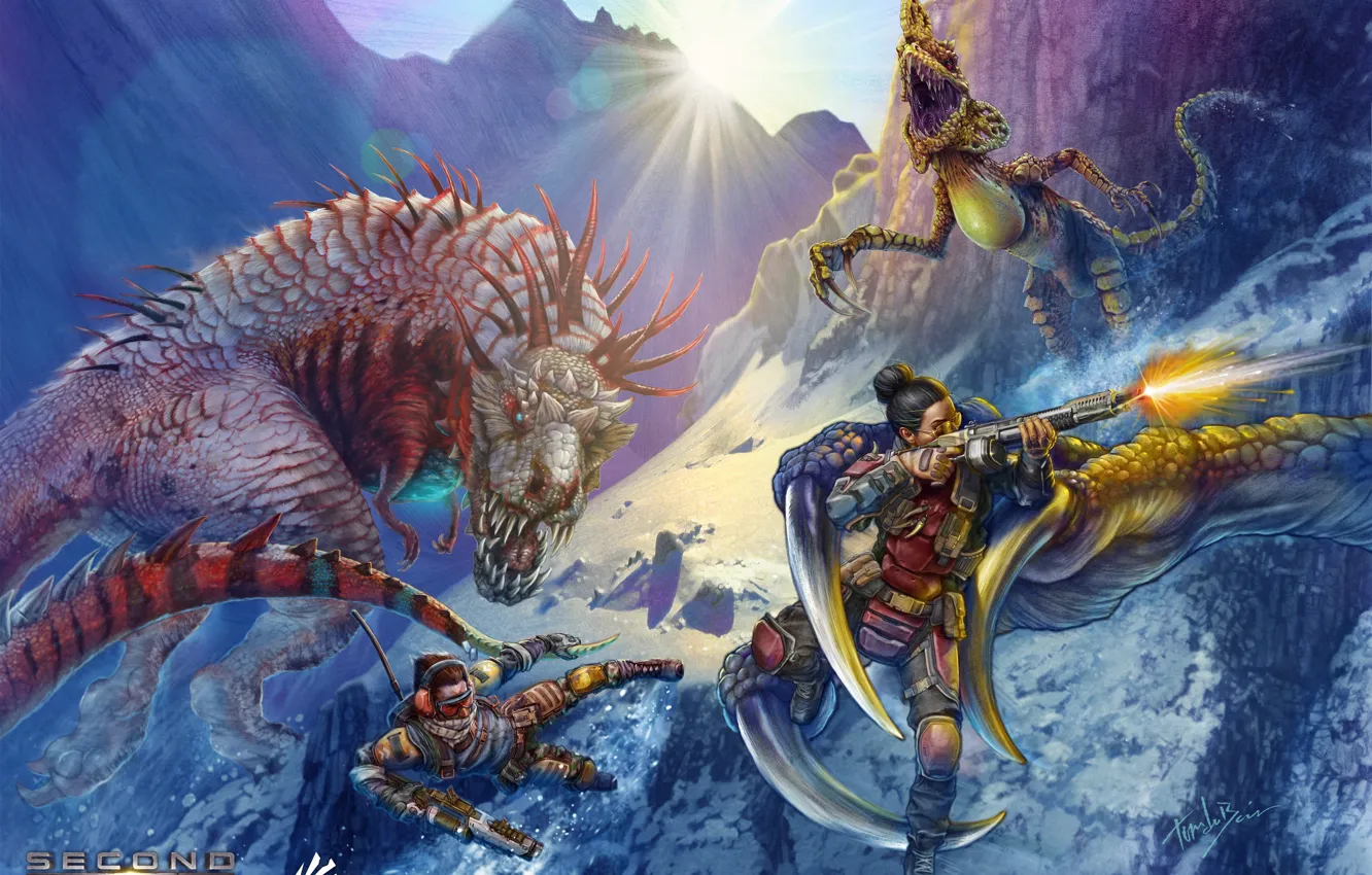 Photo wallpaper Mountains, Shot, Dinosaurs, Warriors, 2023, Cooperative first-person shooter, Avalanche Studios Group, Second Extinction