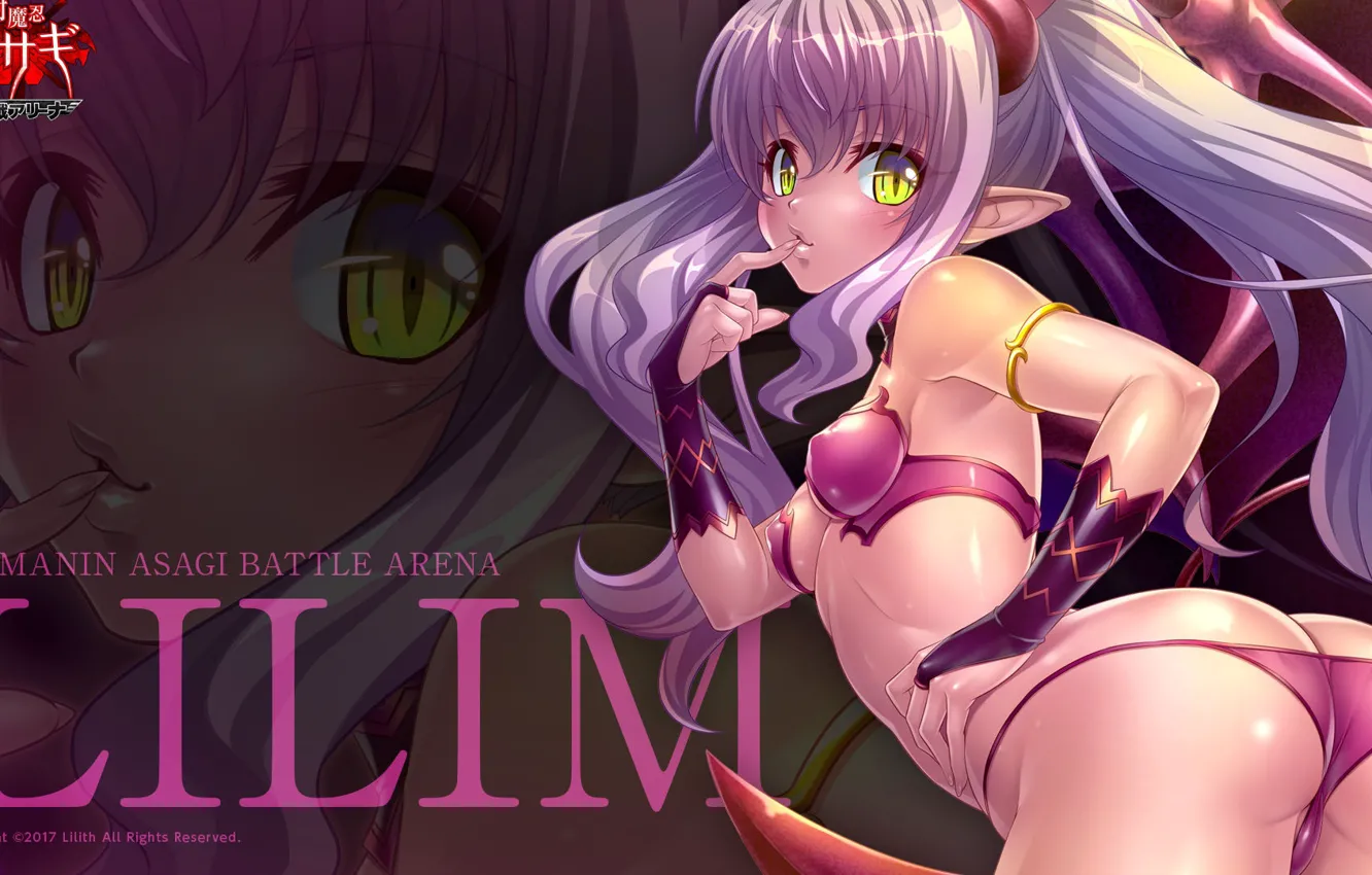 Photo wallpaper demon, green eyes, ninja, purple hair, lilim, taimanin asagi