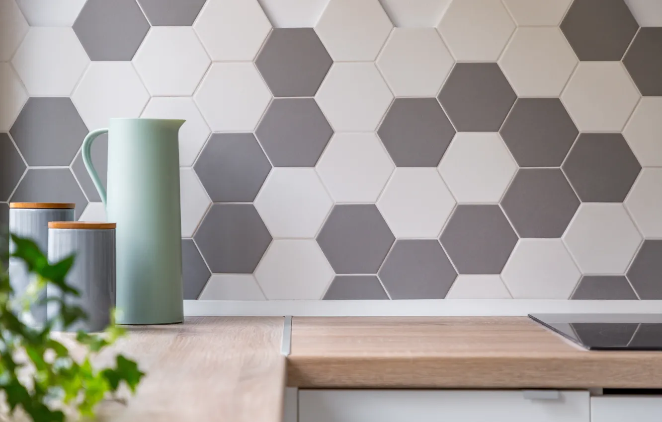 Photo wallpaper counter, kitchen, tiles