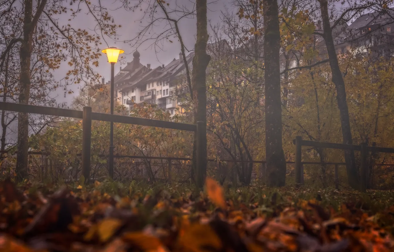Photo wallpaper autumn, trees, fog, building, home, Switzerland, lantern, Switzerland
