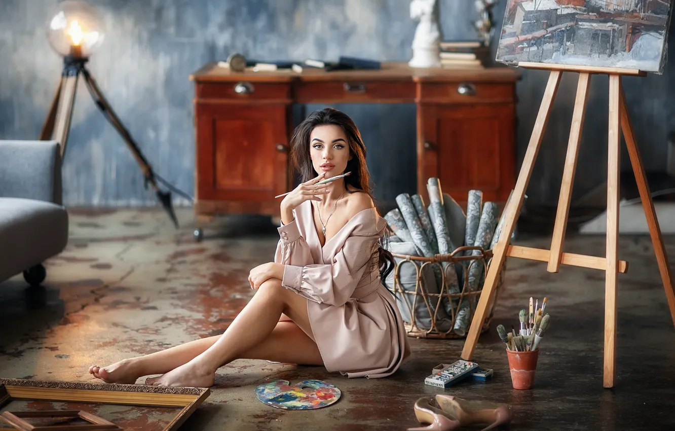 Photo wallpaper girl, table, paint, picture, barefoot, dress, brunette, workshop