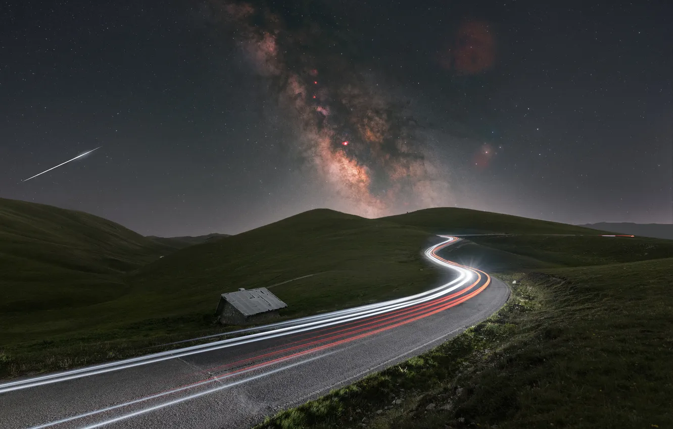 Photo wallpaper light, night, field, track, beauty, highway, space, galaxy