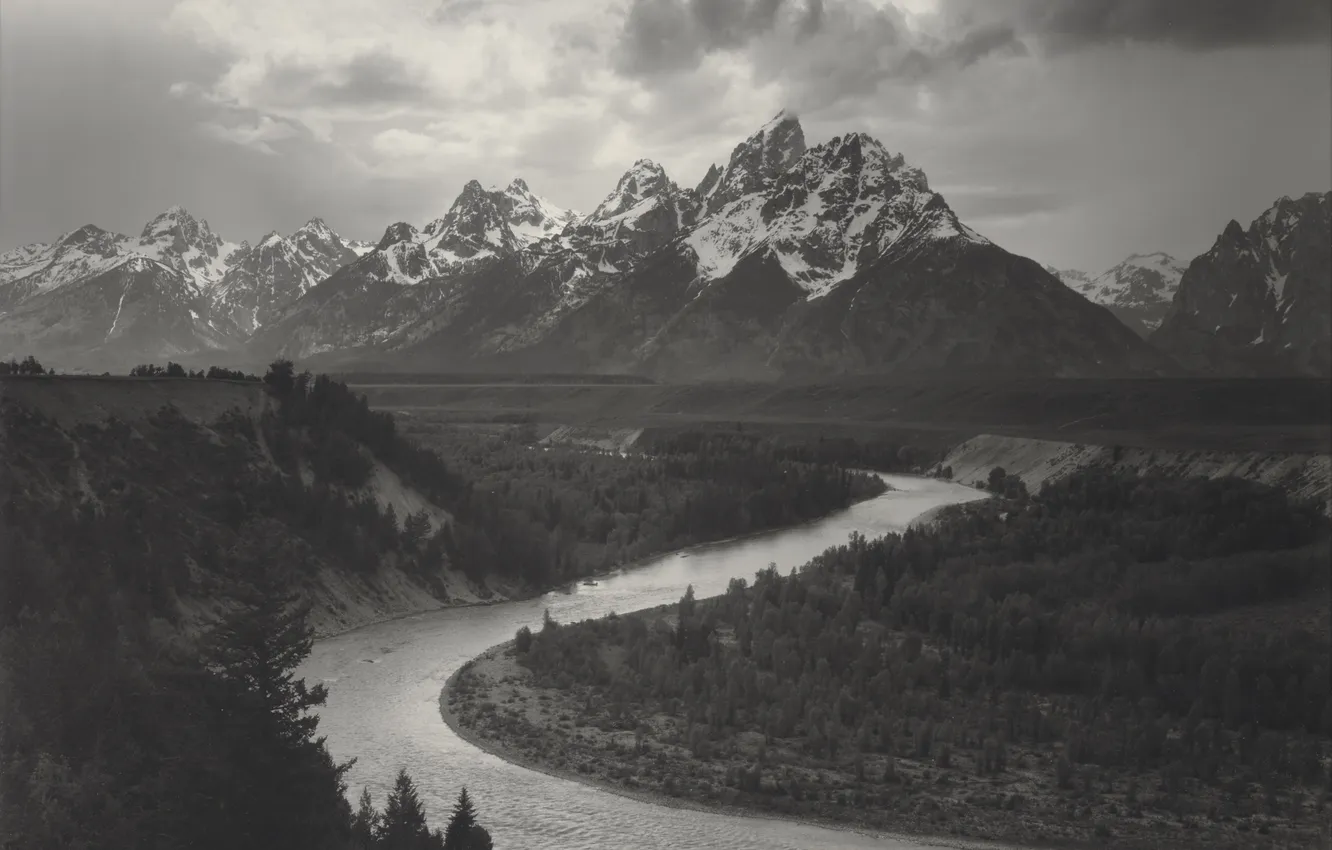 Photo wallpaper landscape, nature, black and white, landscape, 1942, Ansel Adams, Black and white, mountains and Snake …
