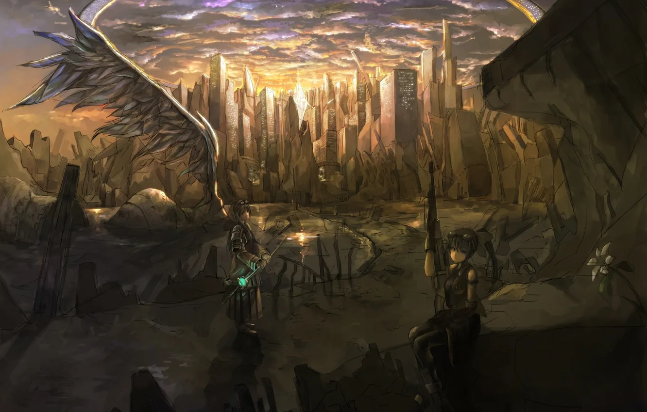 Photo wallpaper the sky, girl, clouds, light, sunset, the city, weapons, wings