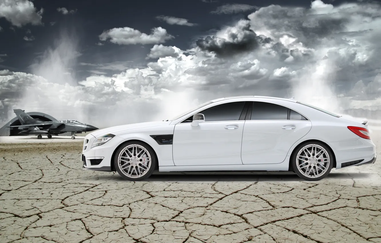 Photo wallpaper white, desert, Mercedes-Benz, CLS, fighter, hangar, white, Brabus