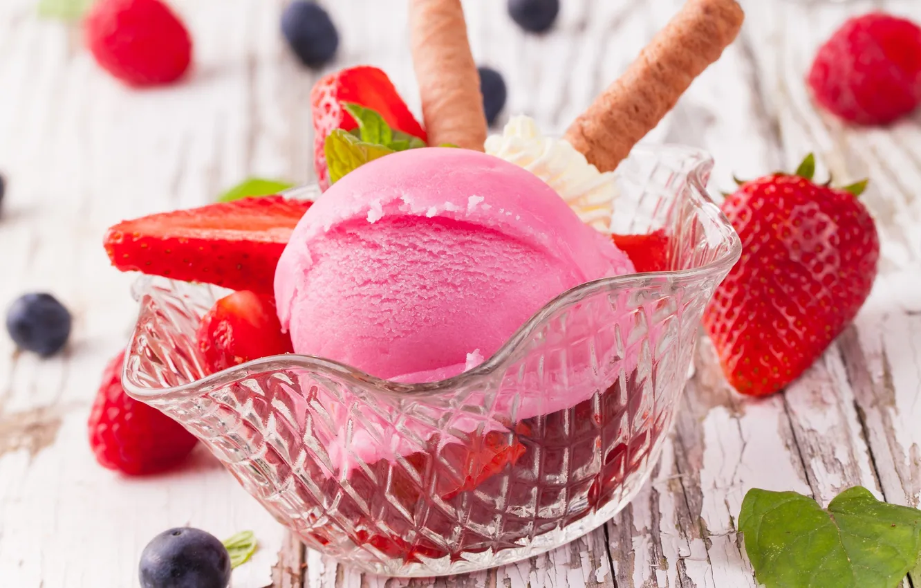 Photo wallpaper berries, table, blueberries, strawberry, ice cream, pink, cream, dessert
