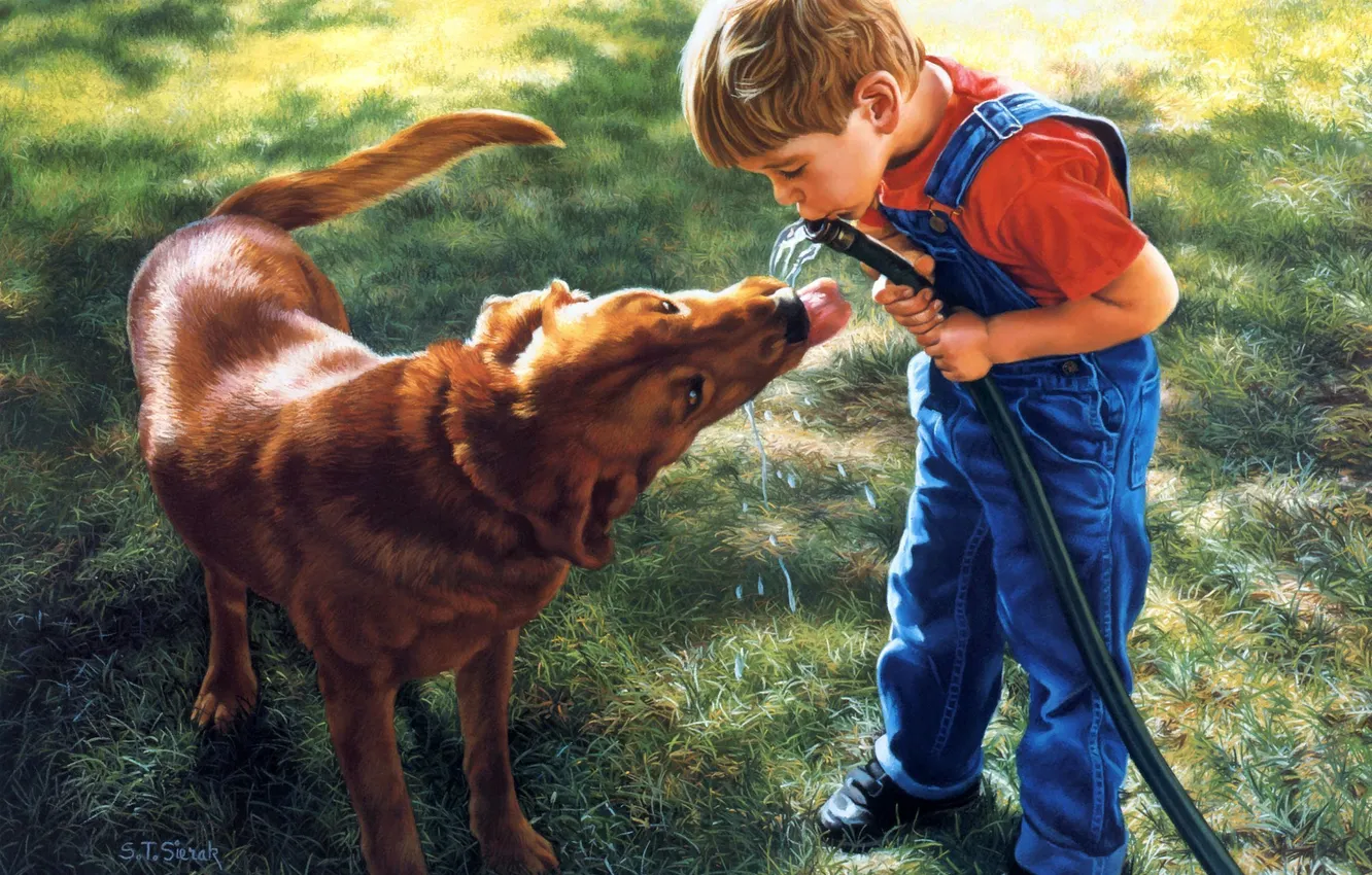 Photo wallpaper dog, boy, art, hose, S Thomas Sierak