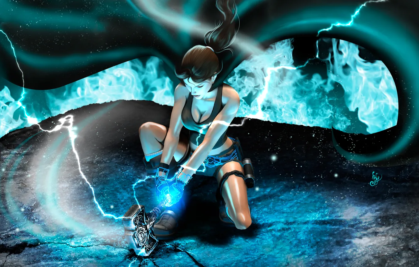 Photo wallpaper girl, weapons, the game, hammer, gloves, Tomb Raider, Lara Croft