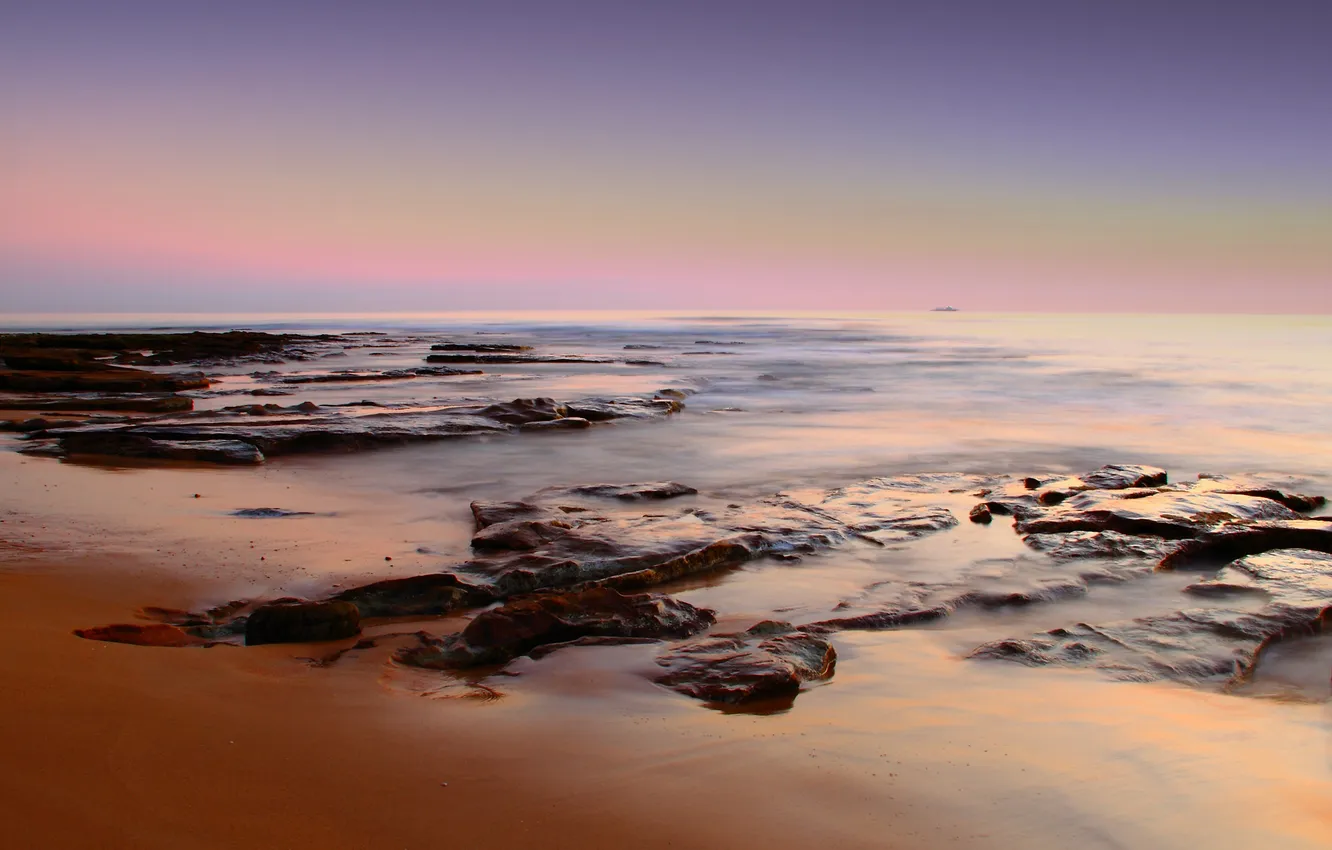 Photo wallpaper sea, beach, sunset, stones, paint, morning, sky