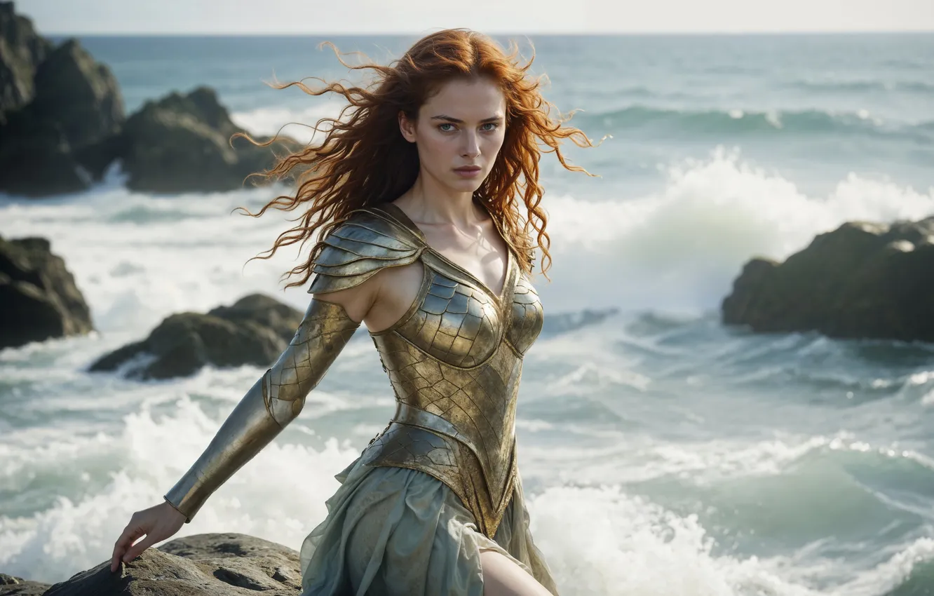 Photo wallpaper sea, wave, girl, red, digital art, AI art, The Art of Artificial Intelligence, neural network