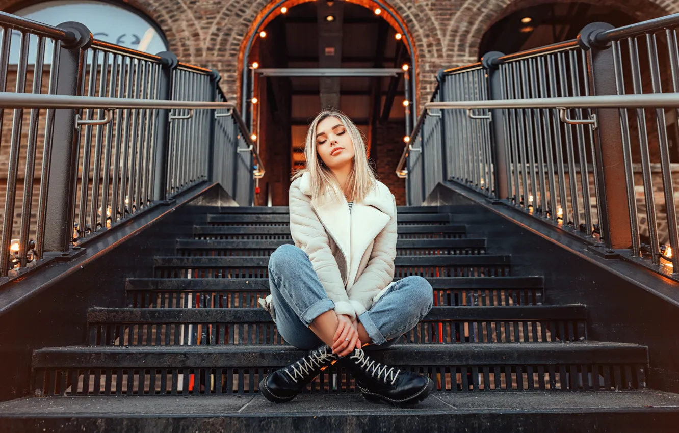 Photo wallpaper girl, Wallpaper, woman, blonde, ladder, beauty, wallpaper, girl