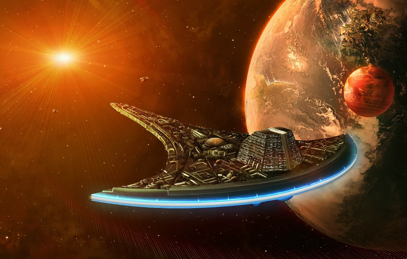 Photo wallpaper the sun, space, fiction, earth, ship, planet, art, galaxy