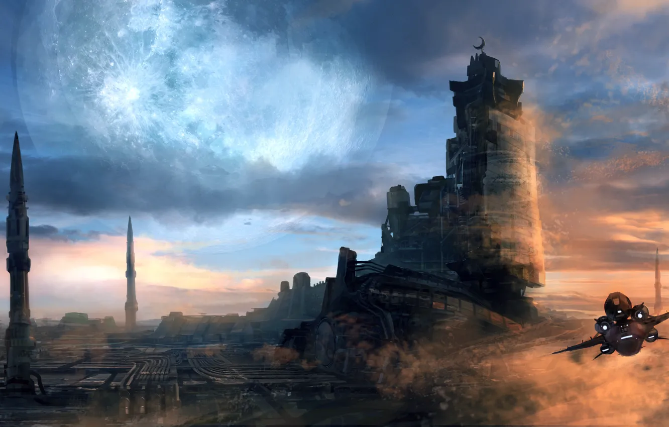 Photo wallpaper the sky, clouds, fiction, ship, art, sci-fi