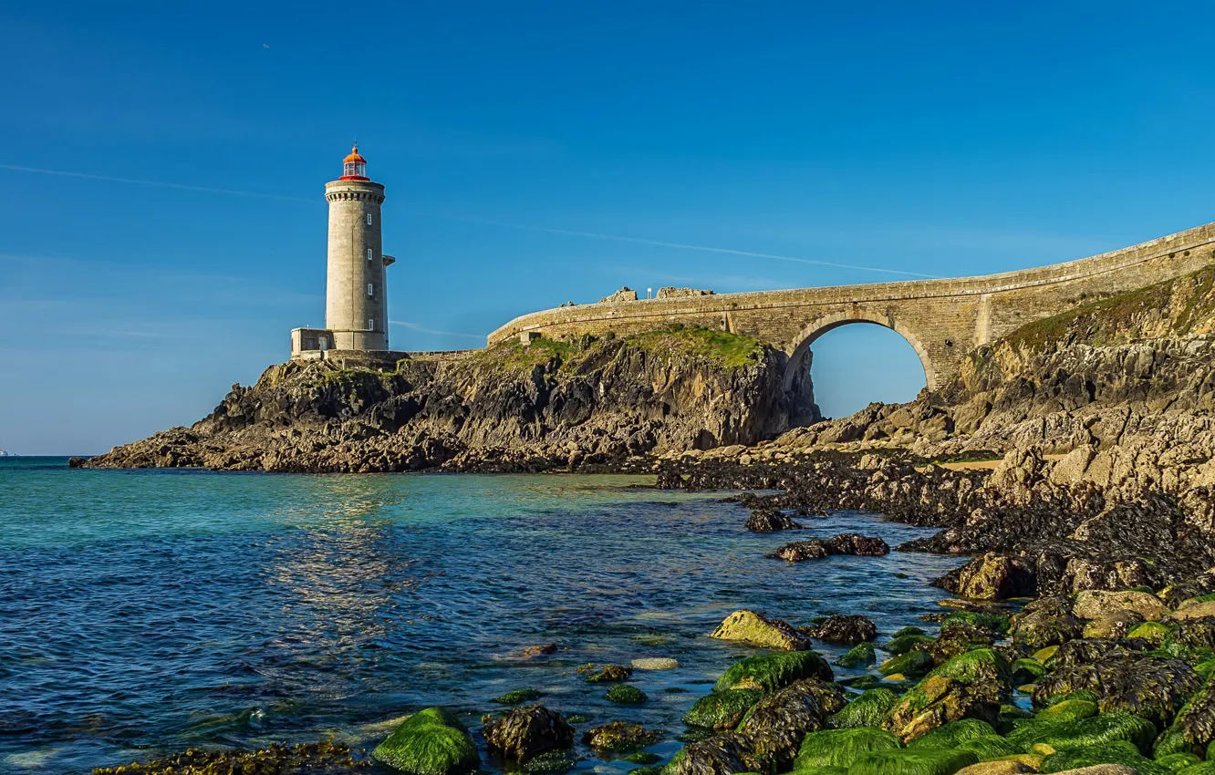 Photo wallpaper sea, the sky, bridge, stones, rocks, coast, France, lighthouse