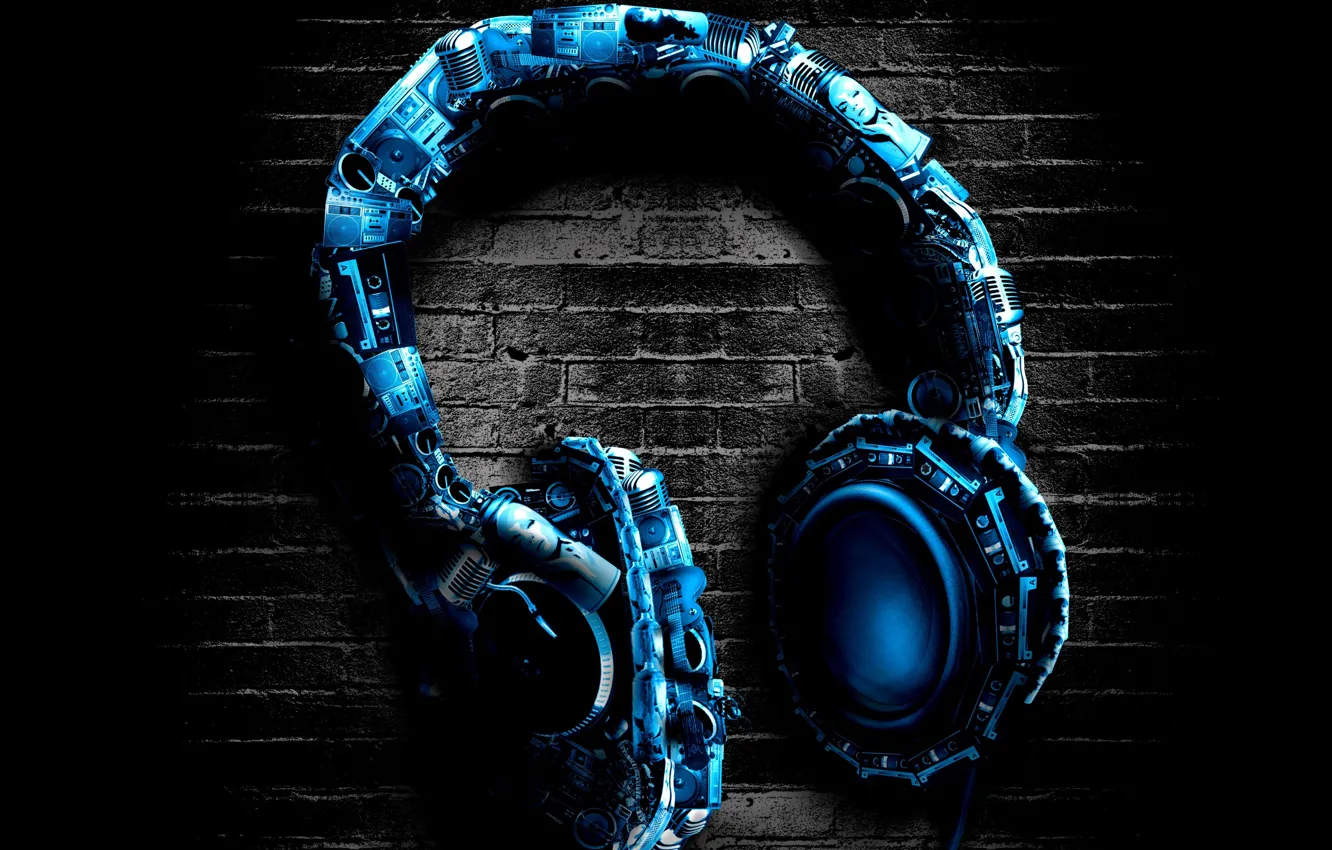 Photo wallpaper blue, background, wall, headphones, headphones, stereo