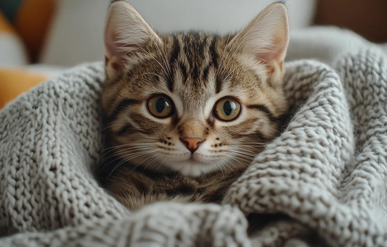 Photo wallpaper cat, look, pose, comfort, grey, portrait, lies, plaid