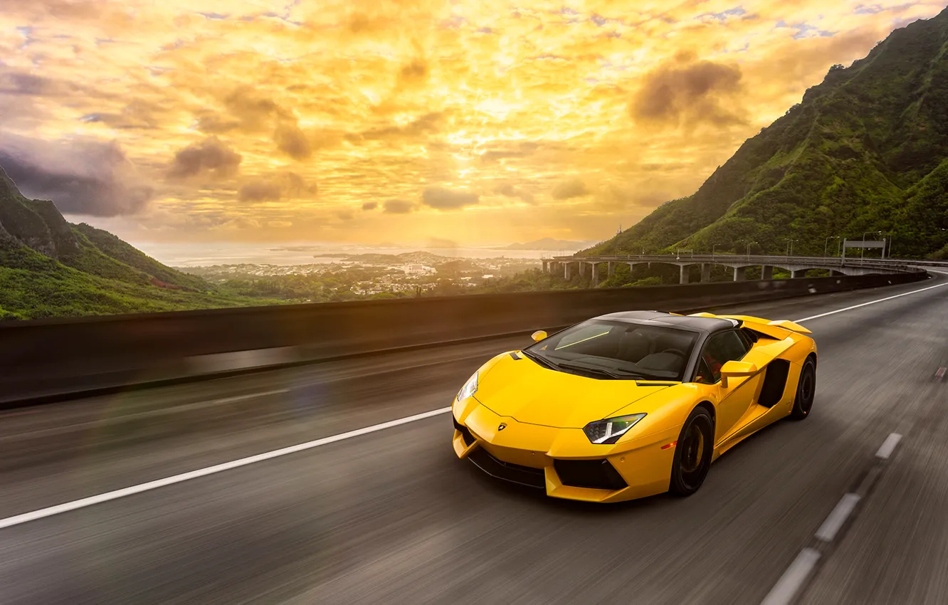 Photo wallpaper Lamborghini, Light, Speed, Front, Yellow, LP700-4, Aventador, Road