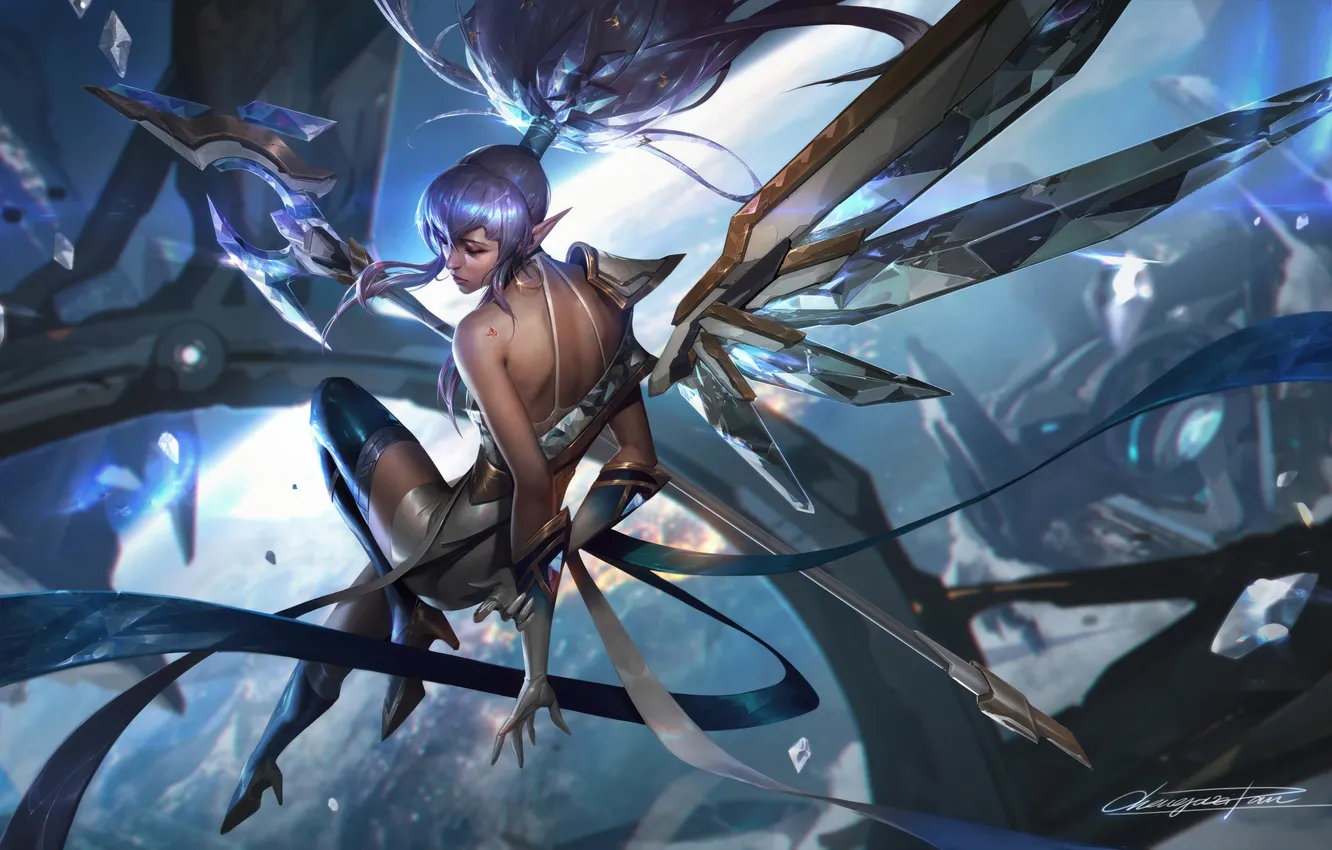 Photo wallpaper wings, game, character, in the air, blue hair, character, League of Legends, sitting