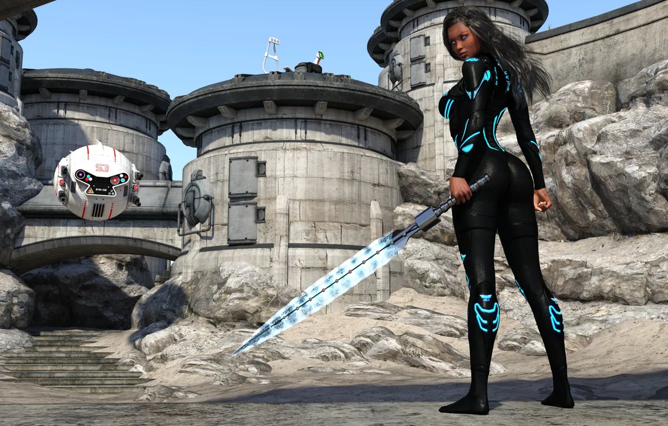 Photo wallpaper ass, look, girl, rendering, desert, robot, sword, costume