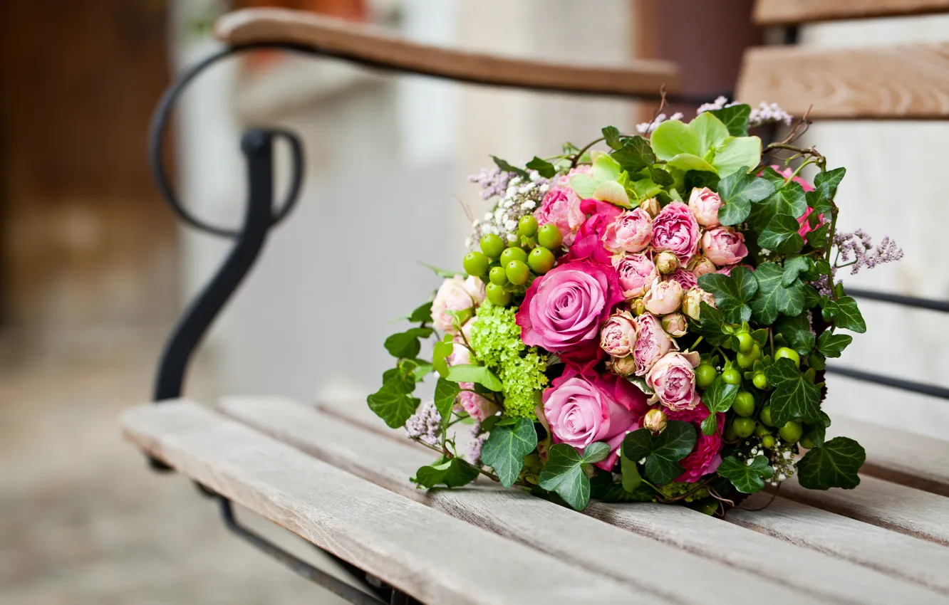 Photo wallpaper flowers, bench, roses, bouquet, shop, shop, pink, leaves