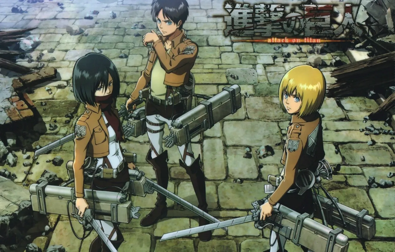 Photo wallpaper pavers, destruction, emblem, swords, military uniform, Shingeki no Kyojin, Mikasa Ackerman, Eren Yeager