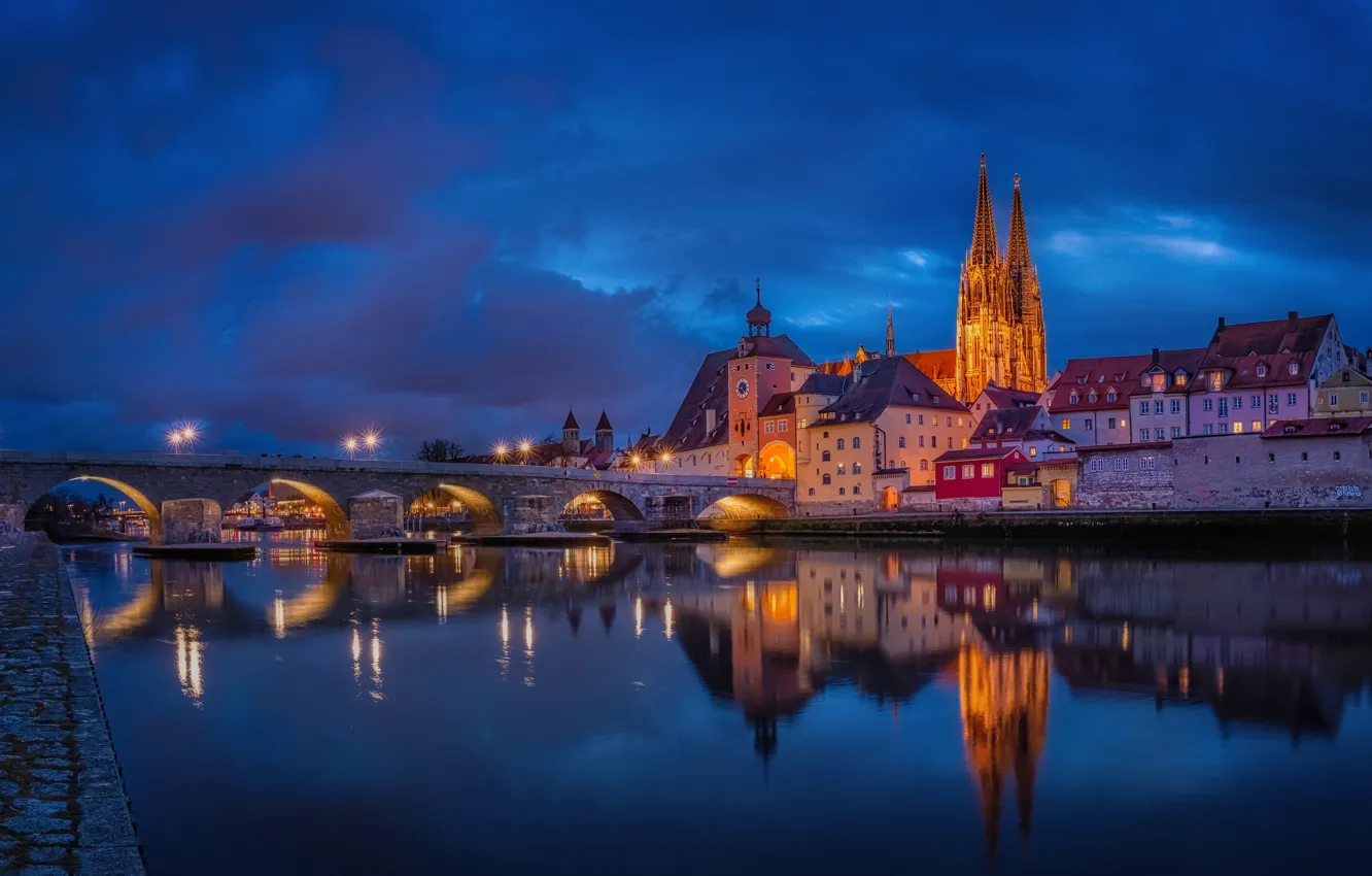 Photo wallpaper bridge, river, building, home, Germany, night city, promenade, Germany