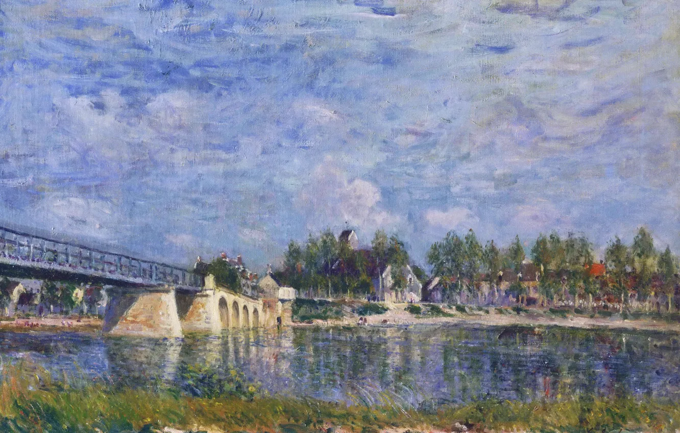 Photo wallpaper landscape, river, picture, Alfred Sisley, Alfred Sisley, The bridge in Saint-Mames