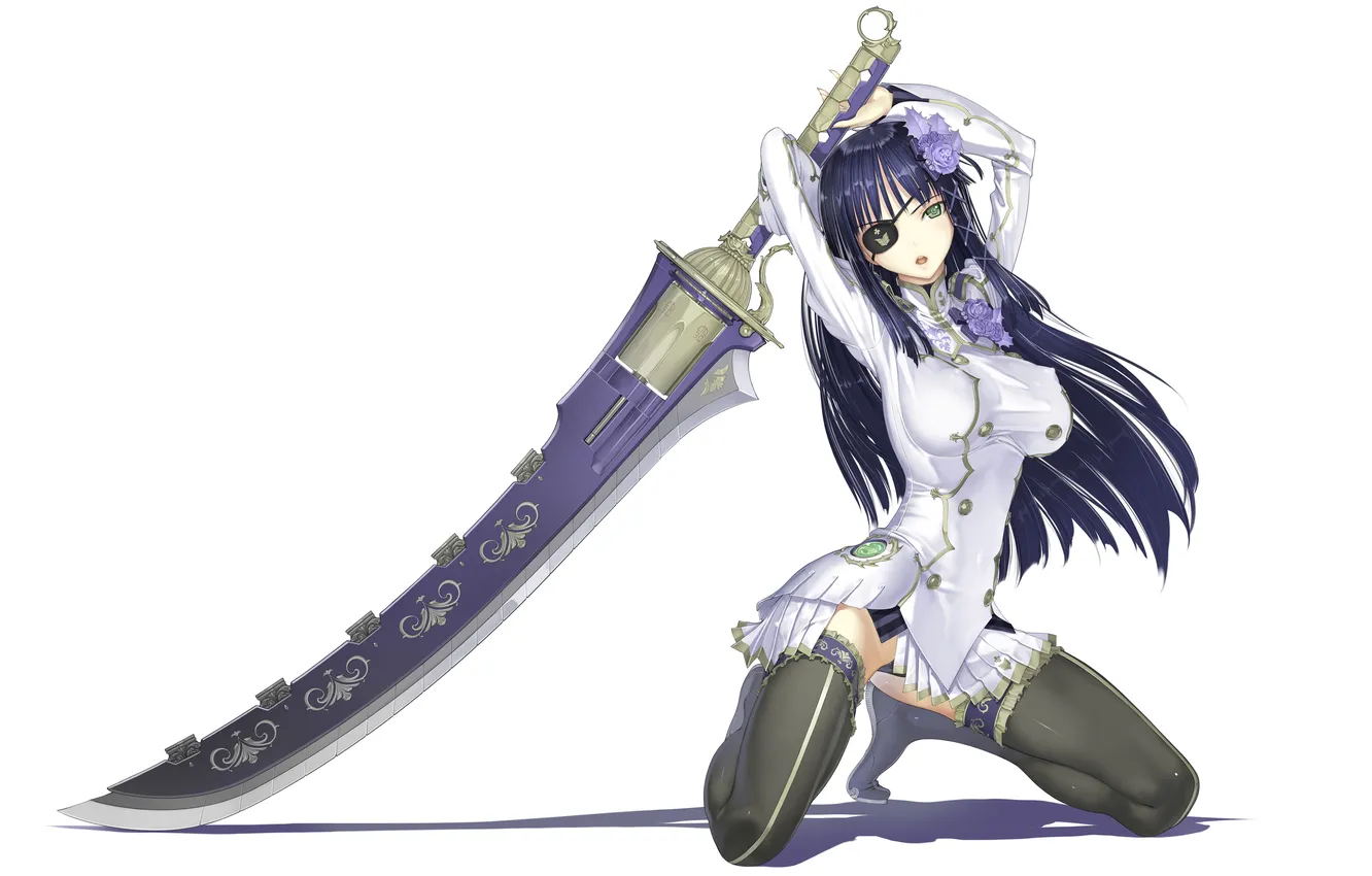 Photo wallpaper girl, flowers, weapons, sword, stockings, brunette, headband, form