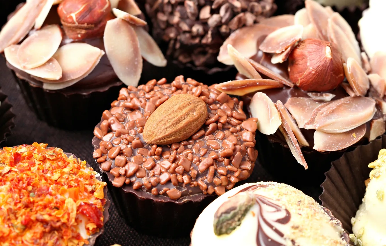 Photo wallpaper chocolate, candy, sweets, nuts, dessert, almonds, sweet, hazelnuts