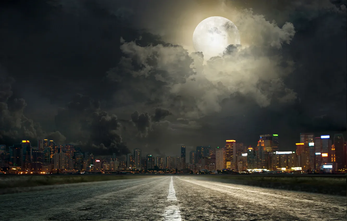 Photo wallpaper road, night, the city, lights, markup, the moon