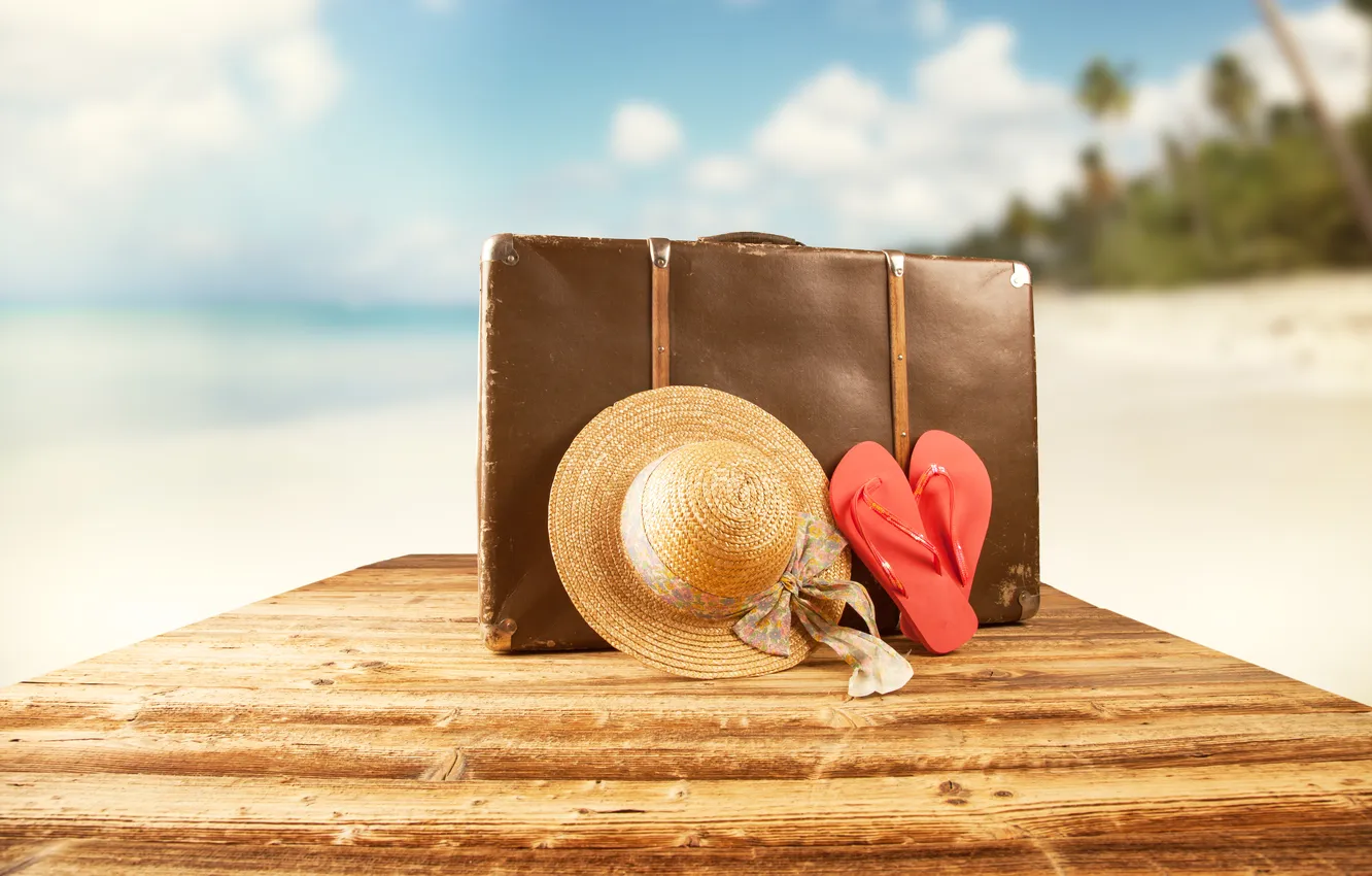 Photo wallpaper sand, sea, beach, summer, the sun, stay, hat, suitcase
