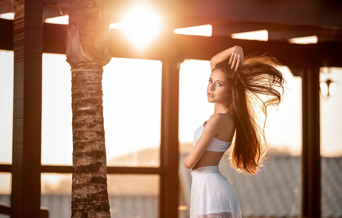 Photo wallpaper glass, girl, light, window, in white, beam, flowing hair