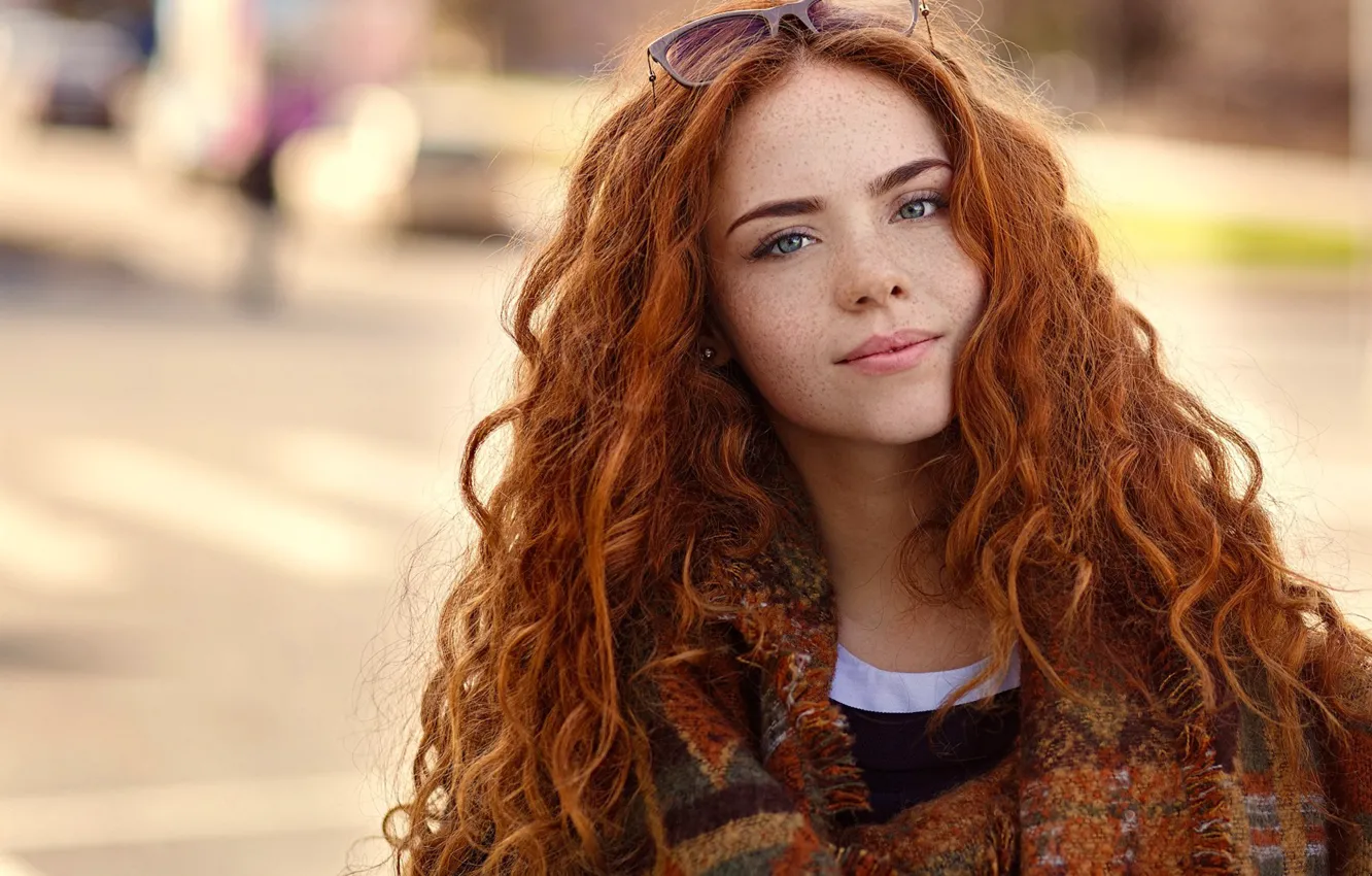 Photo wallpaper glasses, freckles, the beauty, redhead, curls, Erika Postnikov