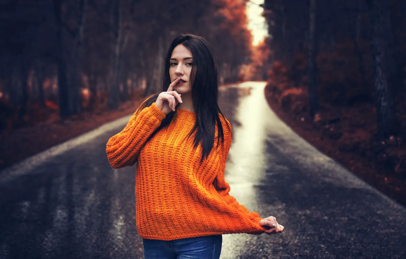 Photo wallpaper Girl, Autumn, Yellow, Road, Wet, Forest, Sight