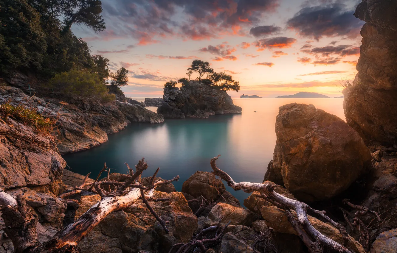 Photo wallpaper sea, landscape, sunset, nature, stones, rocks, Italy, Liguria