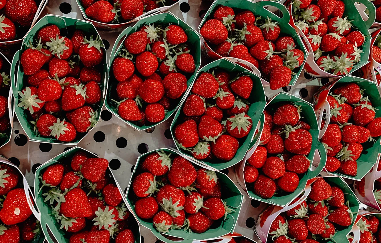 Photo wallpaper berries, strawberry, a lot, trays, boxes