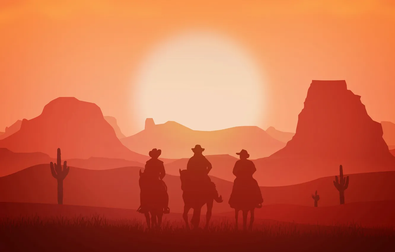 Photo wallpaper the sun, sunset, mountains, silhouette, cowboys