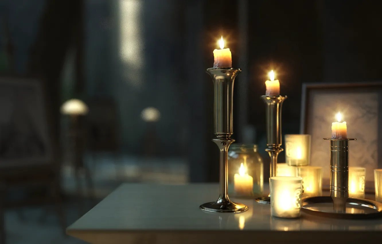 Photo wallpaper flame, LAID-BACK, table, reflection, candles