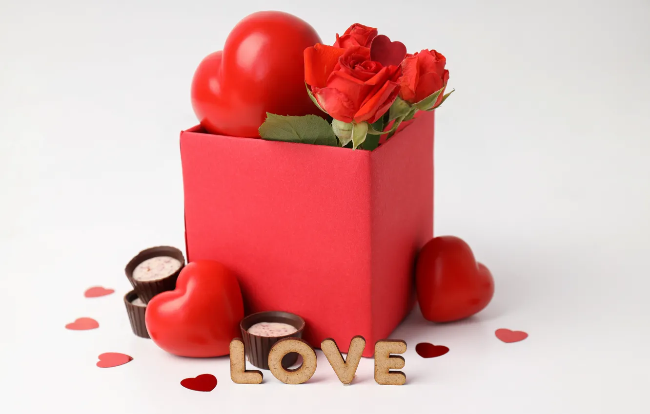 Photo wallpaper love, gift, romance, heart, chocolate, hearts, red, love