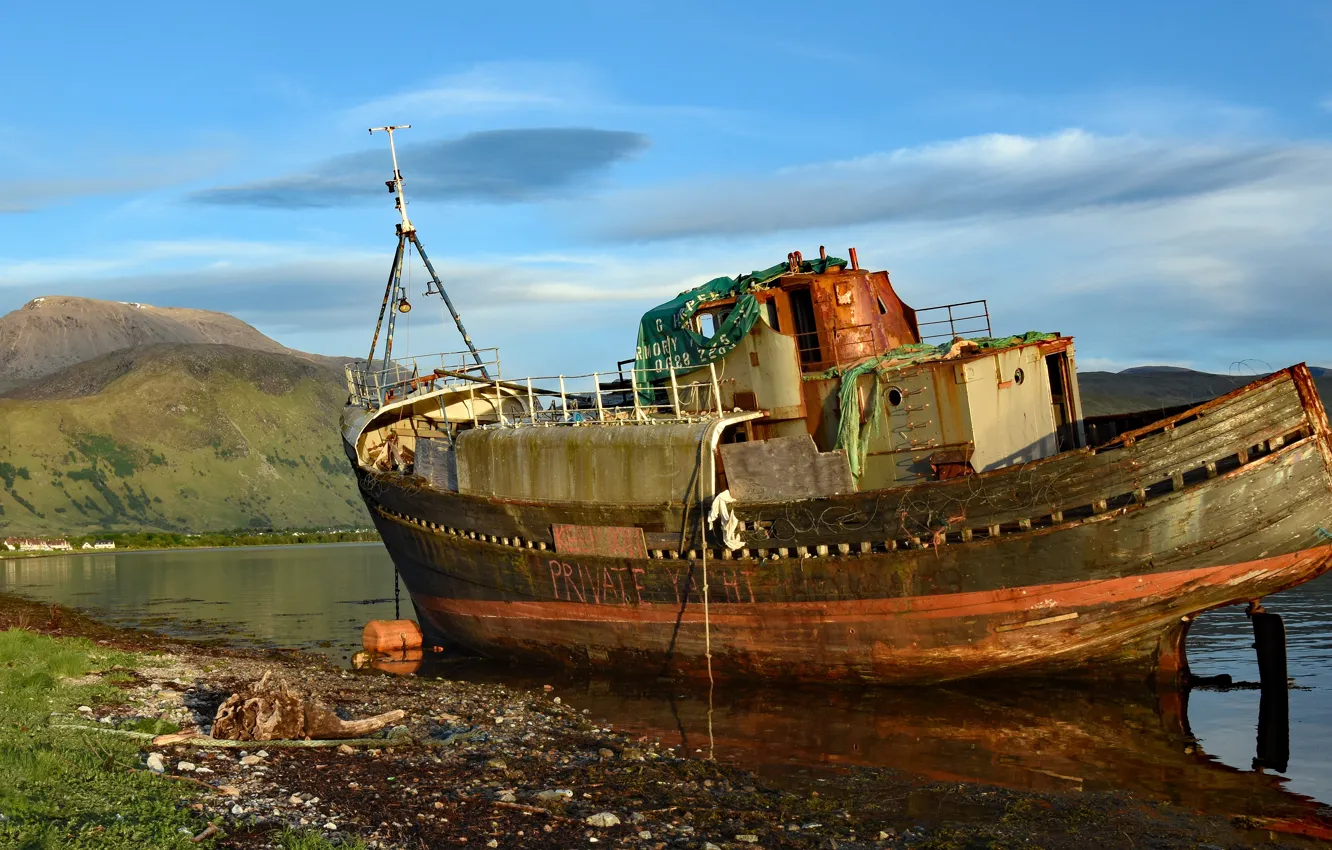Photo wallpaper the sky, clouds, mountains, shore, boat, old, pond