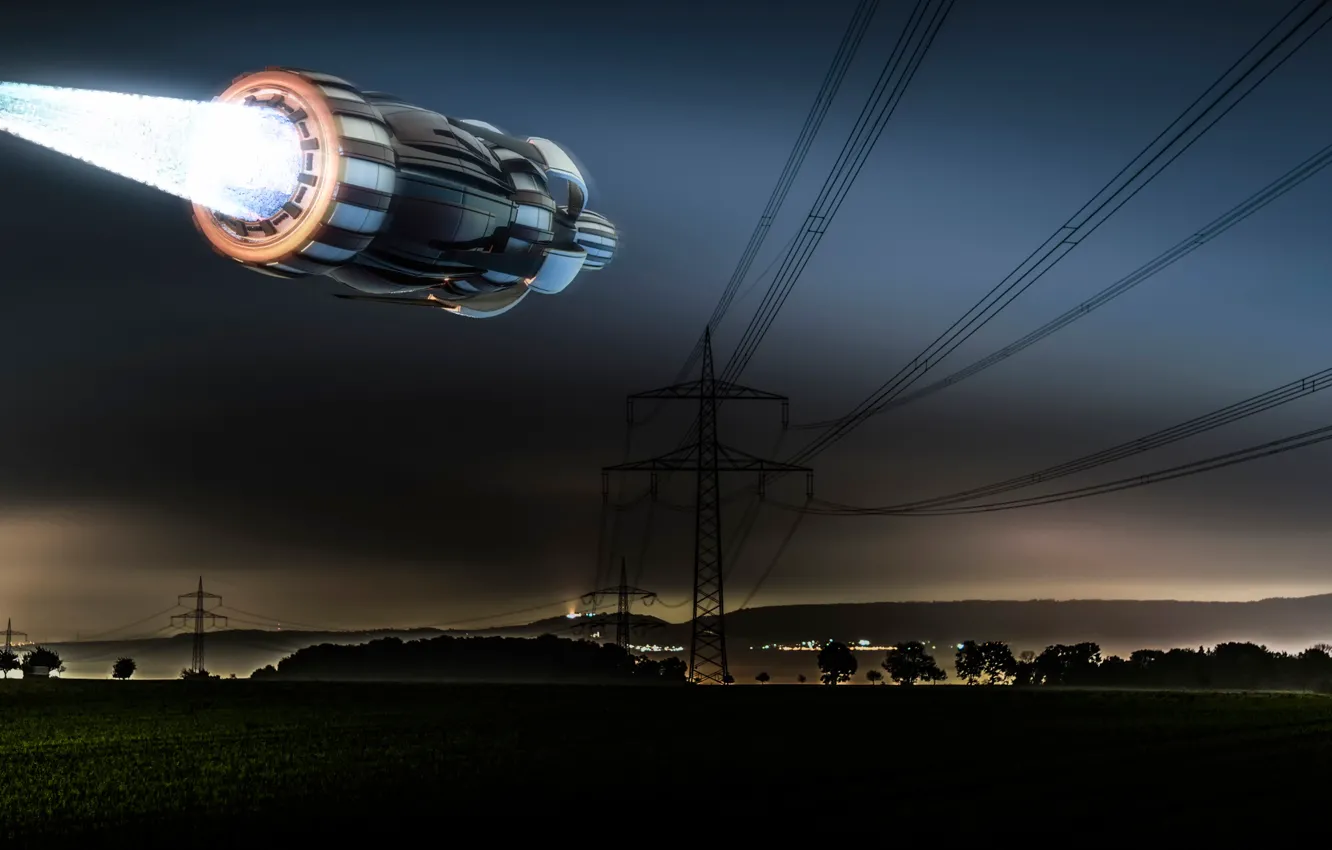 Photo wallpaper night, UFO, power lines