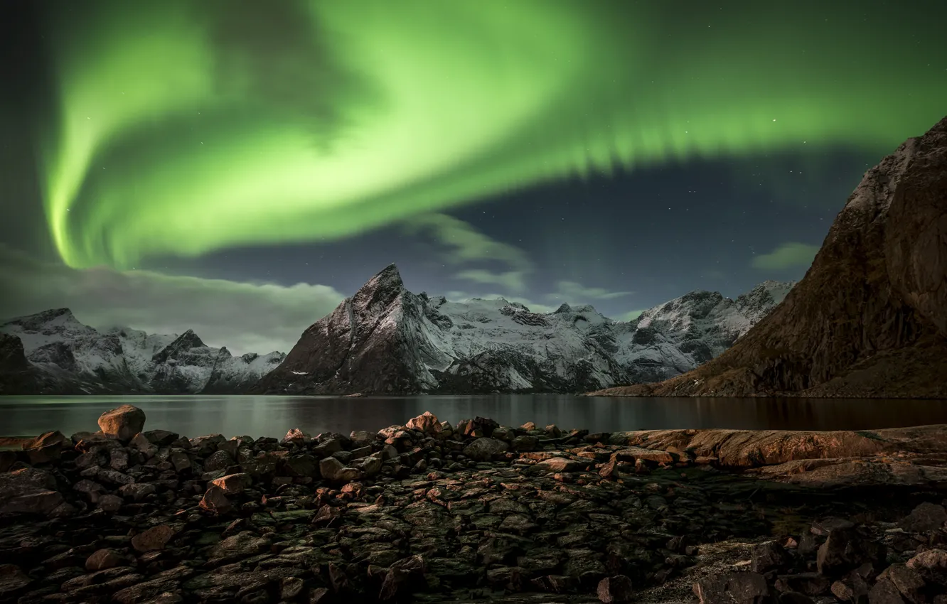 Photo wallpaper night, Northern lights, Norway, The Lofoten Islands