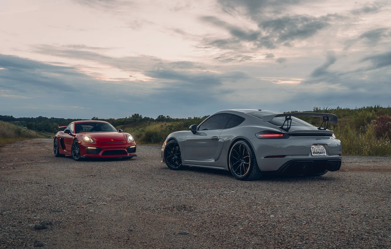 Photo wallpaper headlights, Porsche, field, car, sunlight, GT4, road, Taillights