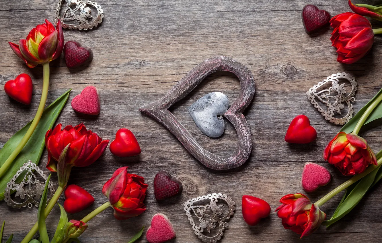 Photo wallpaper love, flowers, gift, chocolate, candy, hearts, tulips, sweets