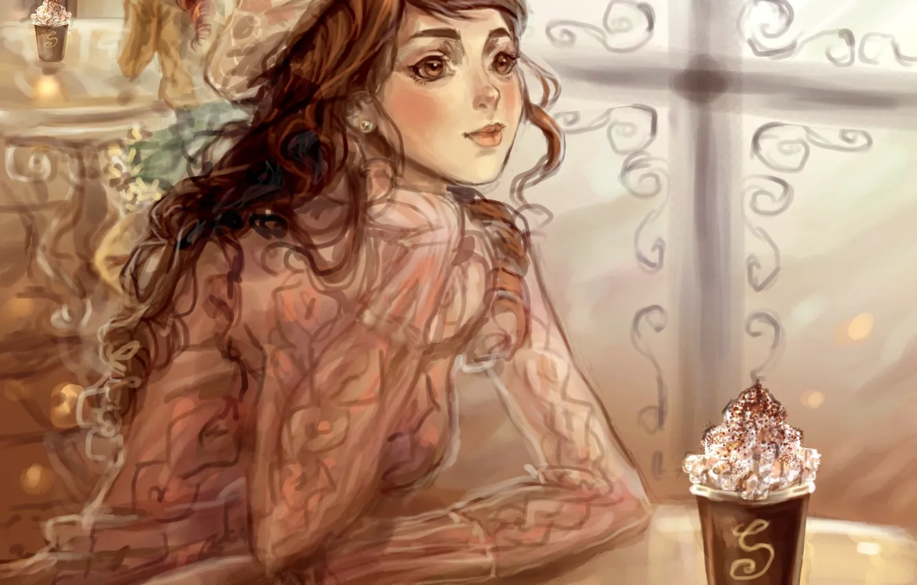 Photo wallpaper look, girl, window, art, cafe, cake, Sillselly