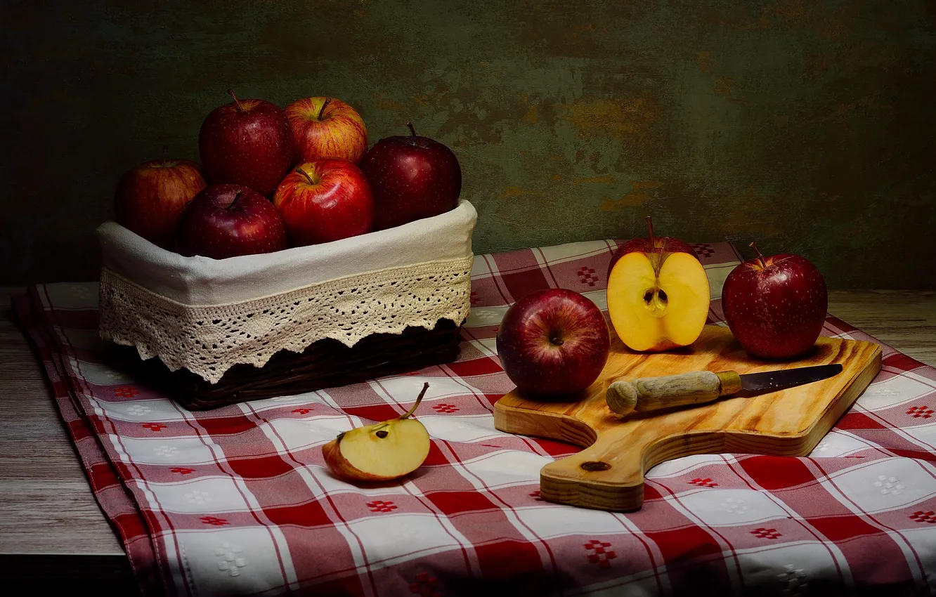 Photo wallpaper the dark background, table, apples, towel, knife, still life, box