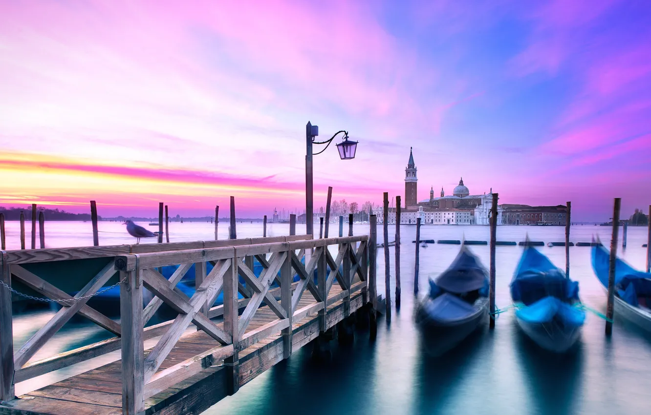 Photo wallpaper sea, the sky, clouds, island, seagulls, pier, Italy, Venice