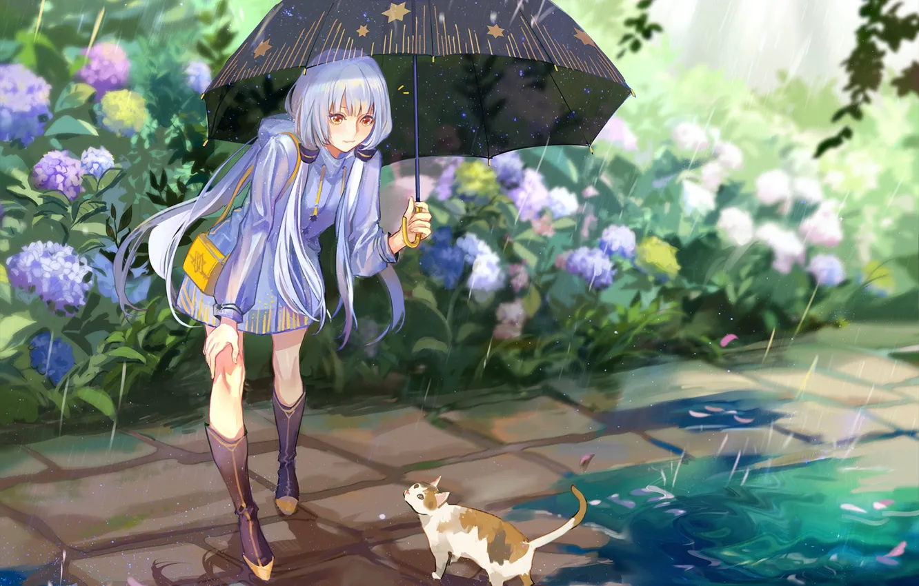 Photo wallpaper cat, girl, rain, umbrella, Vocaloid