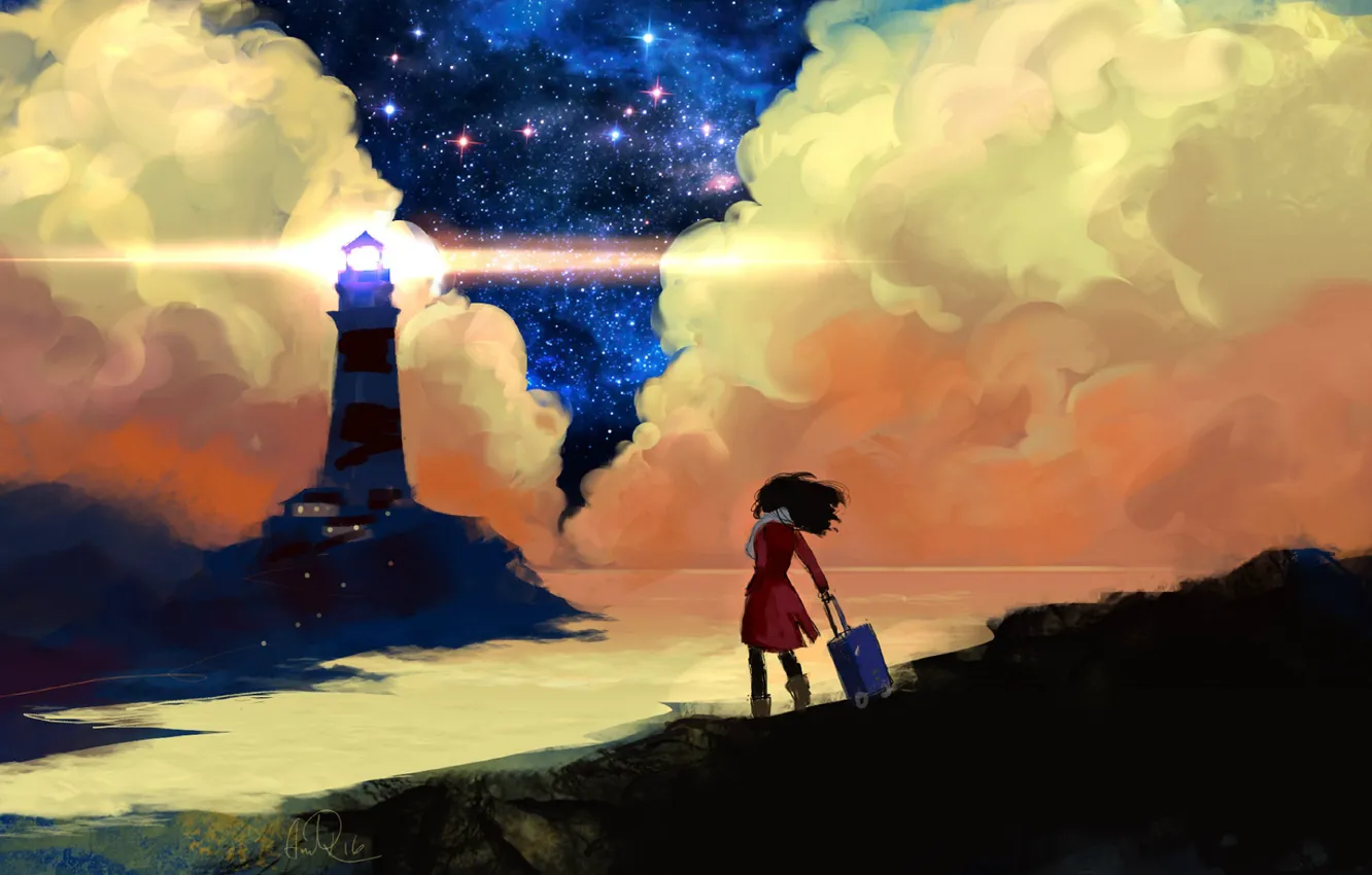 Photo wallpaper sea, the sky, girl, light, clouds, the wind, lighthouse, suitcase